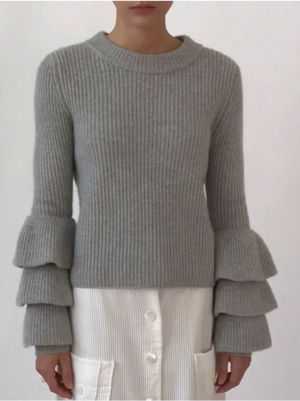 Saks Fifth Avenue Cashmere Ribbed Knit Ruffle Sleeve Sweater Large